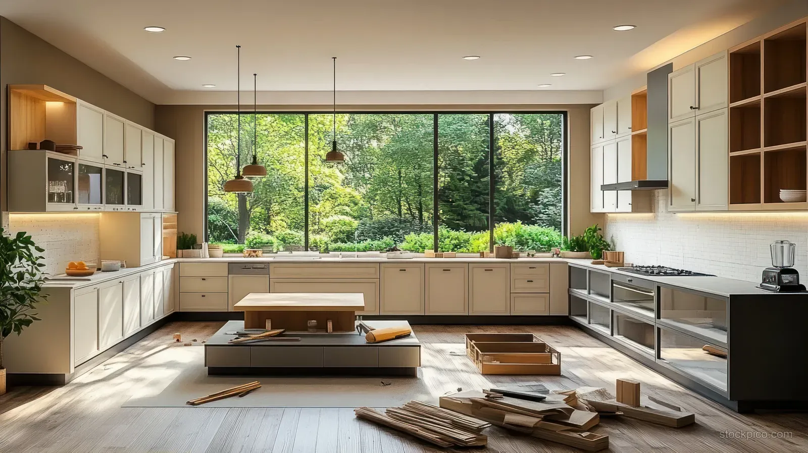 Modern kitchen renovation with scattered wood boards, open cabinetry, and a large window overlooking a green garden.