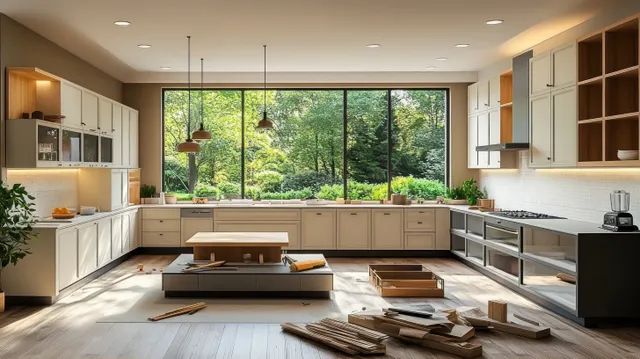 Modern kitchen renovation with scattered wood boards, open cabinetry, and a large window overlooking a green garden.