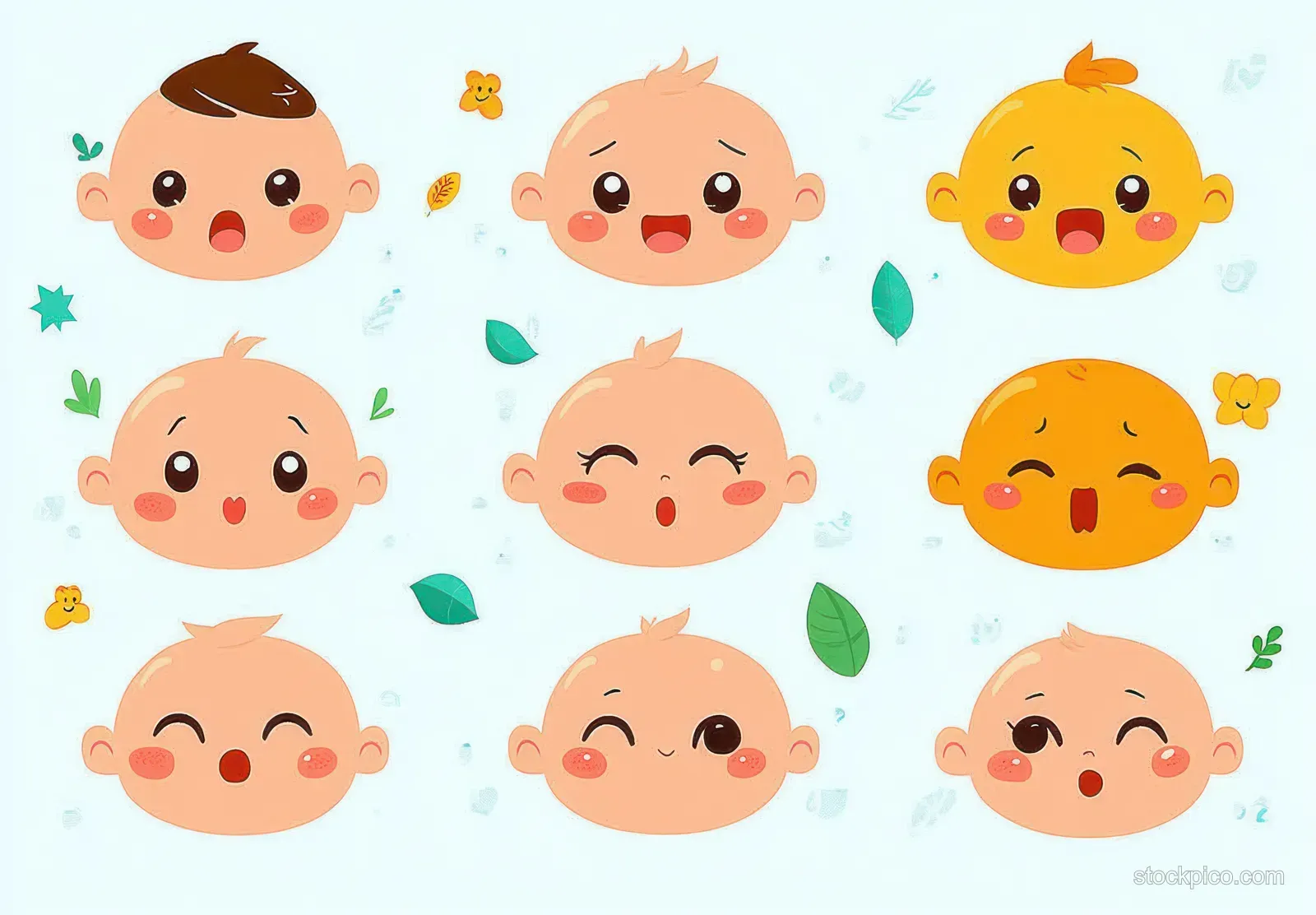 Cartoon babies’ faces display smiling and crying expressions with soft pastel colors on a light background.