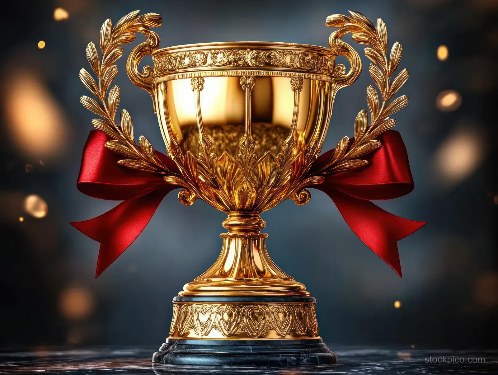 Golden trophy cup with laurel wreath handles and red ribbon on a dark blurred background with soft lights.
