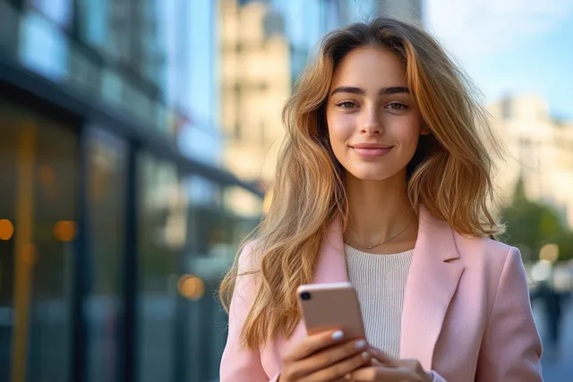Joven mujer con un blazer rosa de pie al aire libre sosteniendo un smartphone frente a edificios de la ciudad.