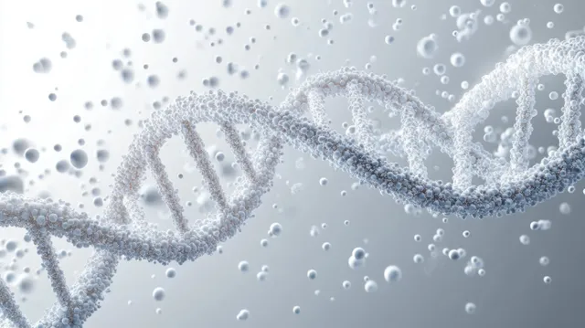Spherical DNA double helix model on a light neutral background with many small floating particle dots around it.