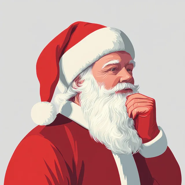 Elderly man dressed as Santa Claus in a red hat and white beard holds his chin thoughtfully.