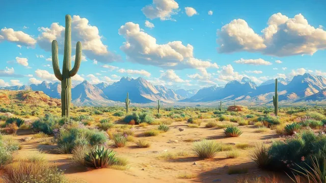 Wide desert landscape with tall cacti and distant mountain peaks under bright blue clouds