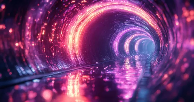 Neon-lit sci‑fi tunnel corridor with glowing rings and mirrored reflections in a dark interior