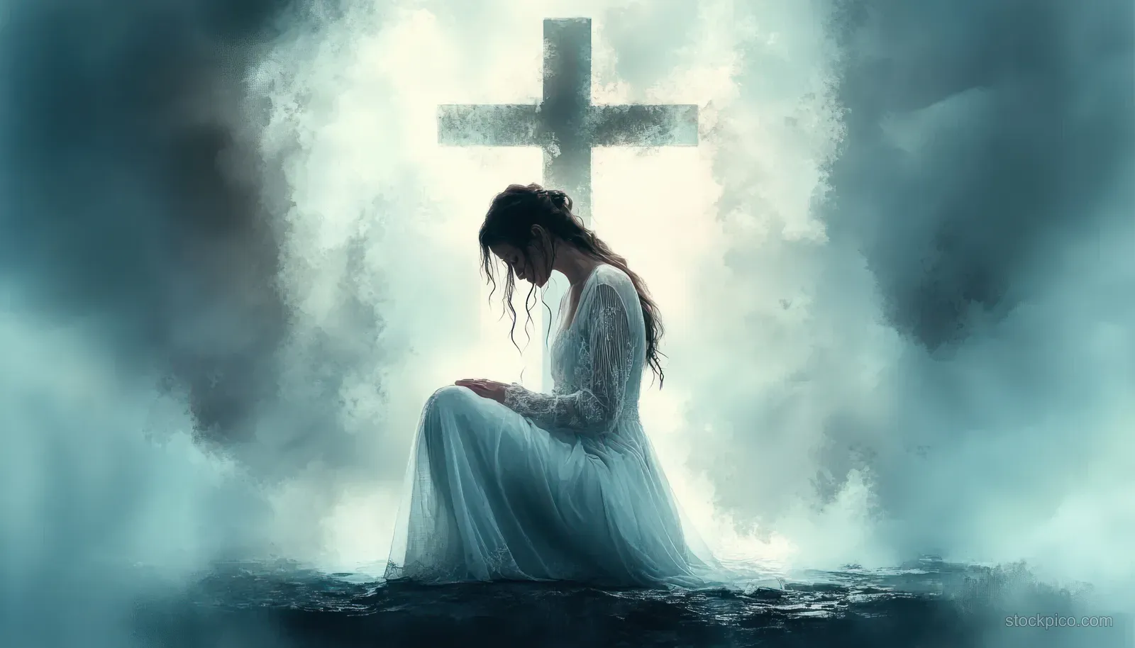 A woman kneels in prayer before a glowing cross beneath cloudy mist and stormy sky.