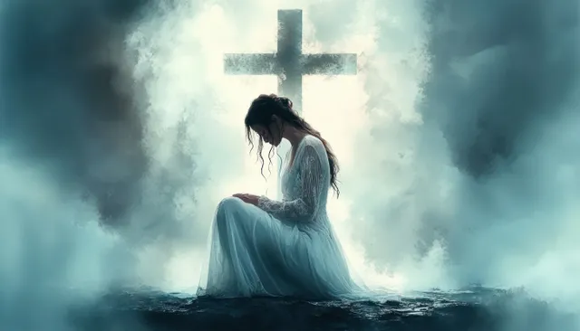 A woman kneels in prayer before a glowing cross beneath cloudy mist and stormy sky.
