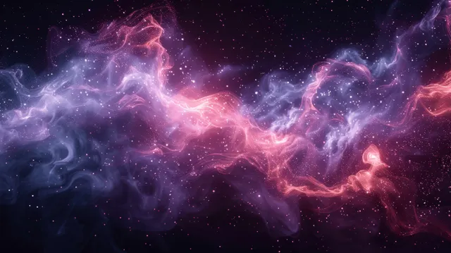 Purple nebula smoke waves and glowing stars swirl across a dark space background.