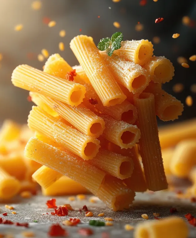 Pasta tubes levitating in studio macro scene with crumbs and warm specks
