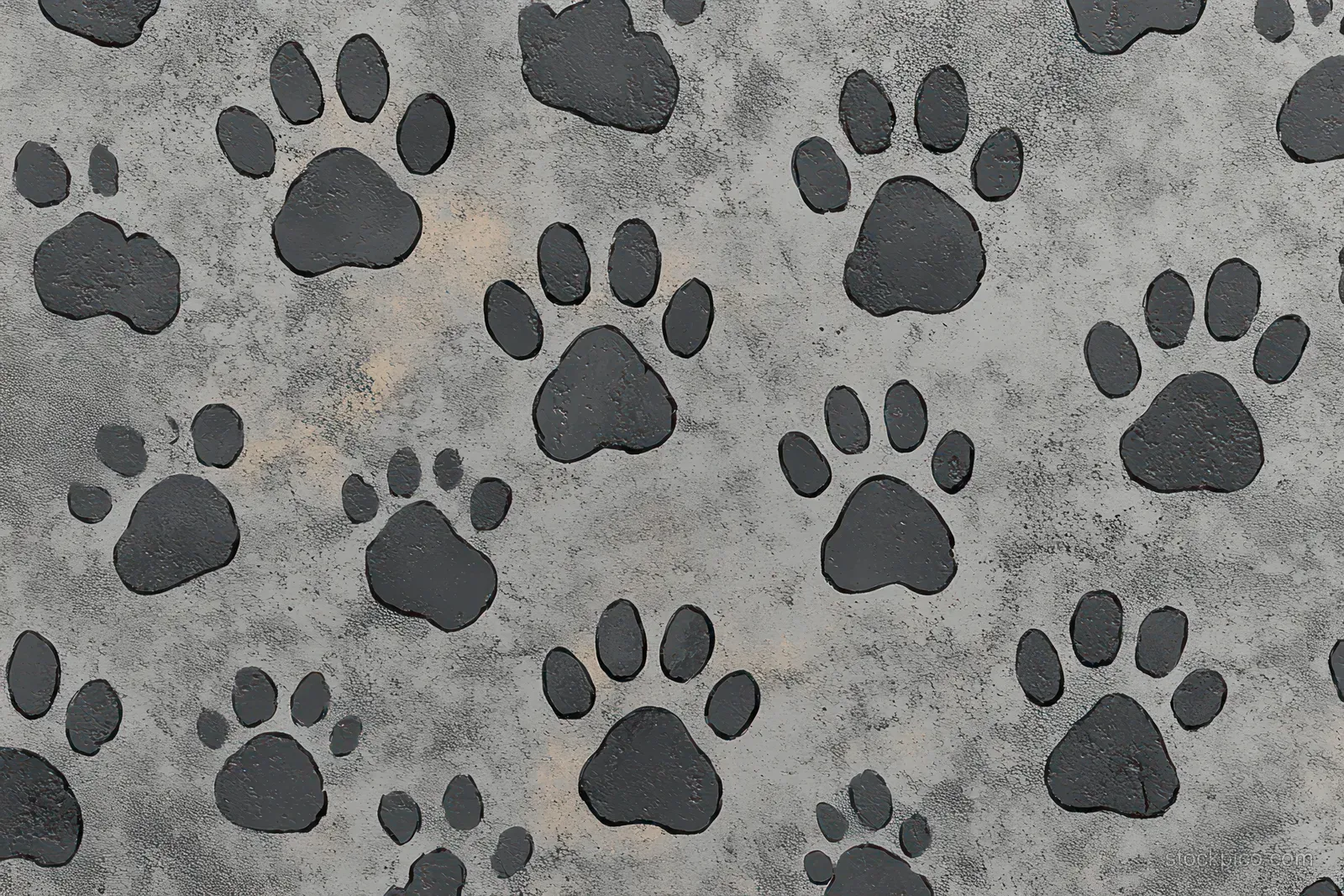 Black paw print shapes of different sizes repeat on a rough gray concrete background.