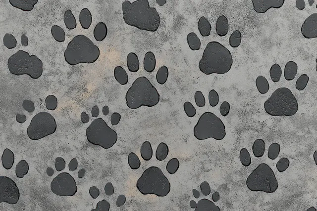 Black paw print shapes of different sizes repeat on a rough gray concrete background.