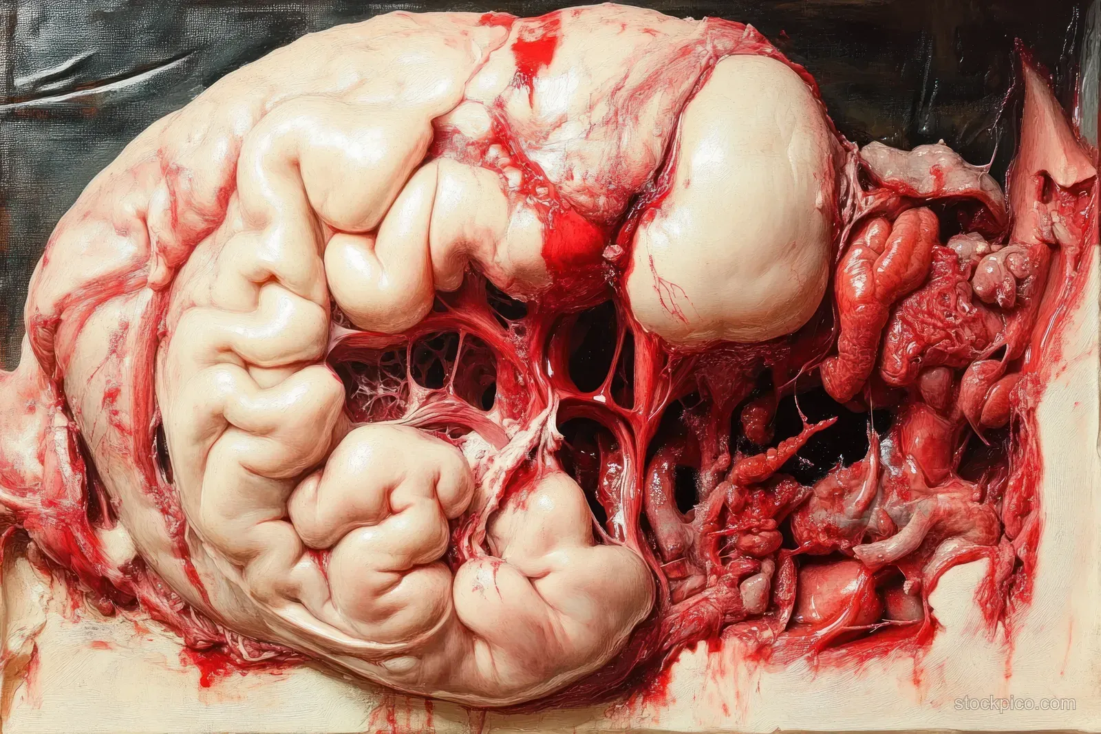 An anatomical cross-section displays pale internal organs with intricate red blood vessels and textured tissue.