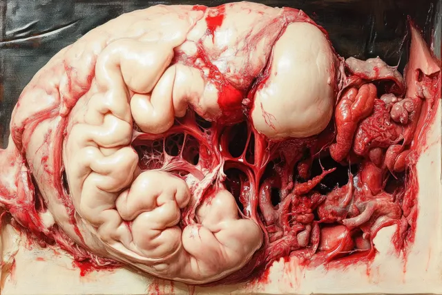 Cross-section of human internal organs with red vessels and pale tissue textures