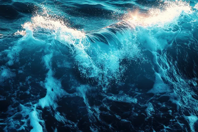 Ocean wave crashes in turquoise spray with sunlit highlights across deep blue water