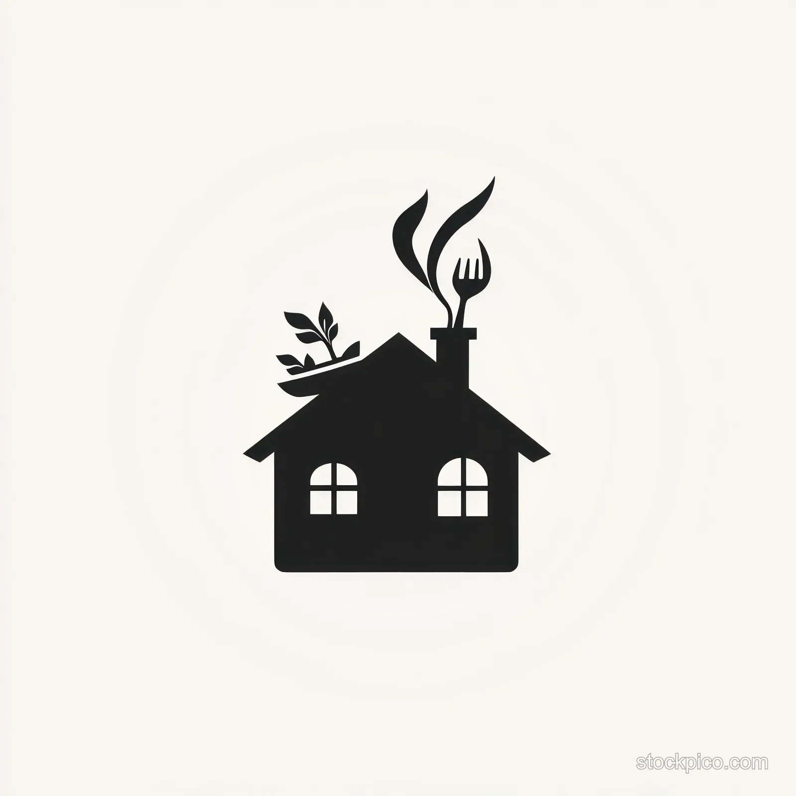 Black silhouette house icon with a rooftop plant and chimney smoke forming a fork and spoon shape.