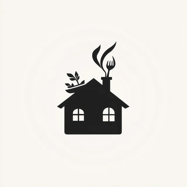 Black silhouette house icon with a rooftop plant and chimney smoke forming a fork and spoon shape.