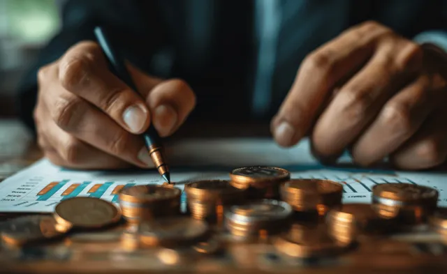 Analyst marks a budget plan beside stacked coins and multi-color market charts