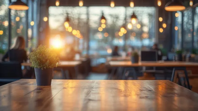 Warmly lit cafe interior with a wooden table, small potted plant, and blurred customers near the window at sunset.