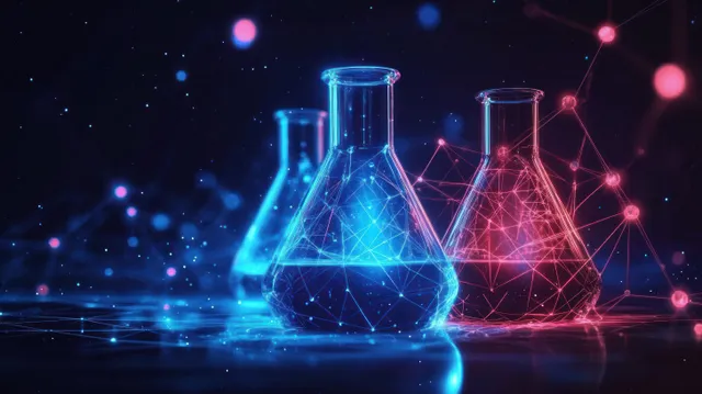 Two futuristic lab flasks glow blue and pink with interconnected digital network lines on a dark reflective background.