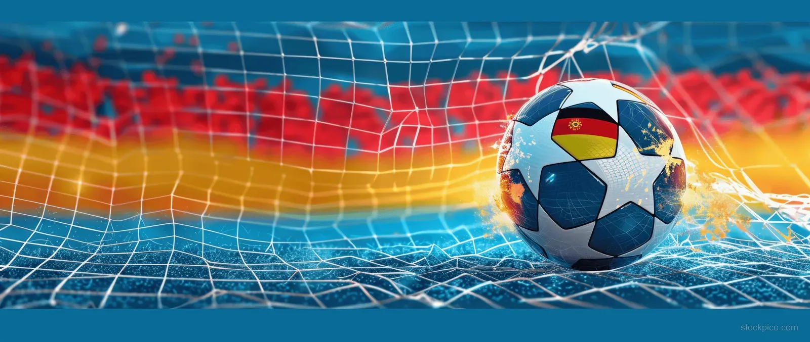 A glowing blue goal net is shown with a soccer ball bursting into the frame with bright light trails.