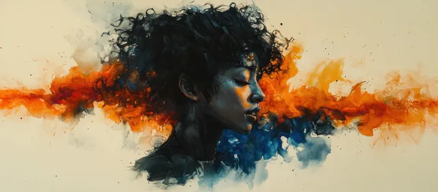 Abstract watercolor human portrait with orange and blue paint swirls.