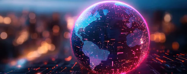 Neon glowing digital globe with illuminated continents and circuit-like network lines over blurred city lights.