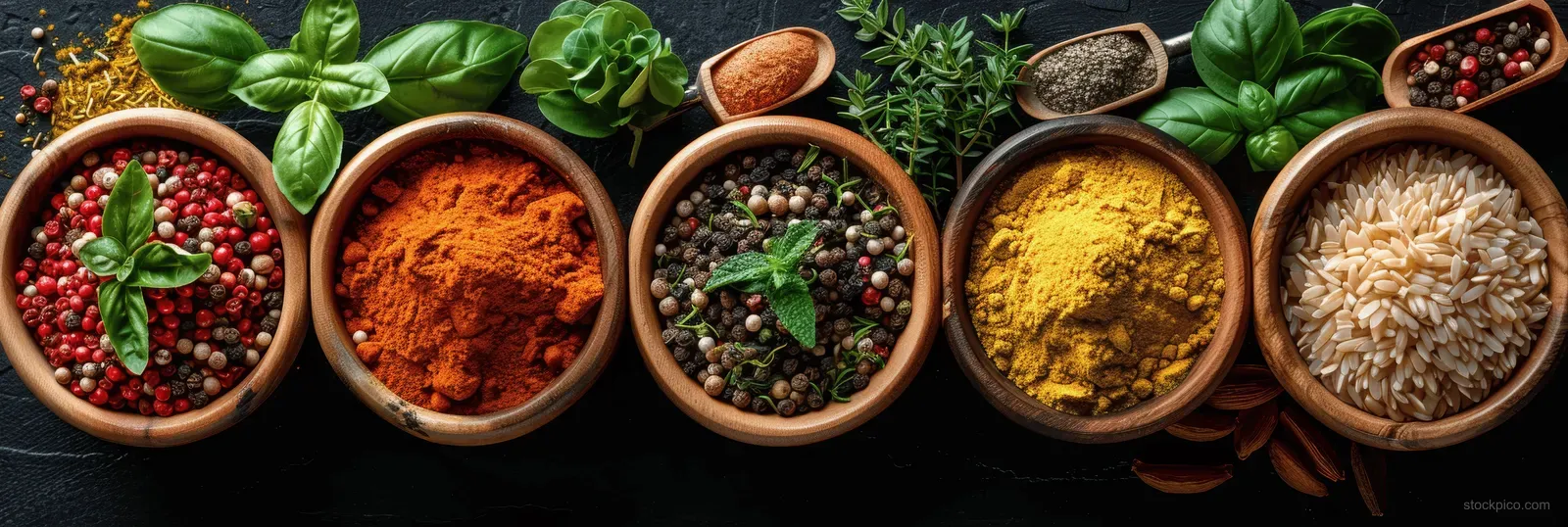 Vibrant spices, herbs, fruits, and vegetables arranged with kitchen utensils on a dark gray background.