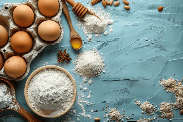 Eggs, flour, honey, and spices arranged on a blue marble baking surface
