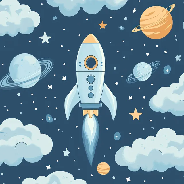 Cartoon rocket blasting off into a starry sky with ringed planets and fluffy clouds surrounding it.