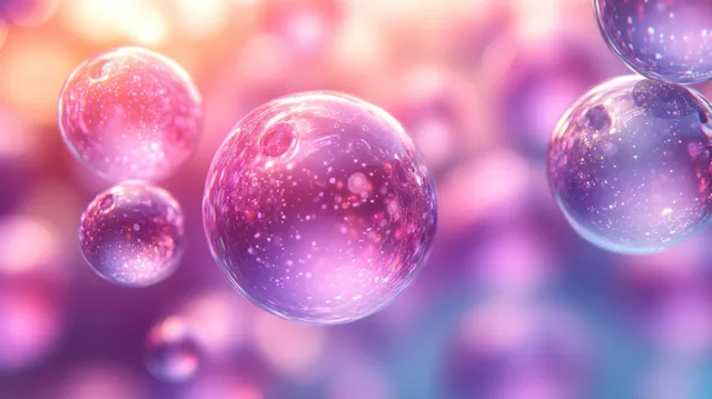Translucent purple droplets float over a soft pink and blue bokeh background, evoking hyaluronic acid skincare.