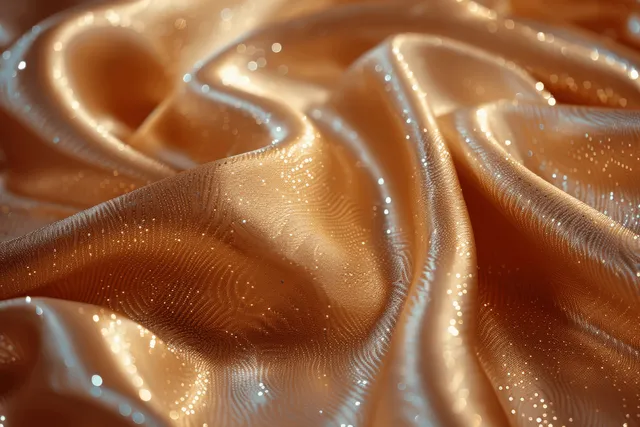 Golden satin fabric with shimmering highlights and softly shadowed folds in close-up.