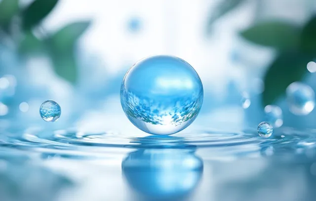 Collagen serum droplet resting on water surface beside glowing skincare micro-spheres