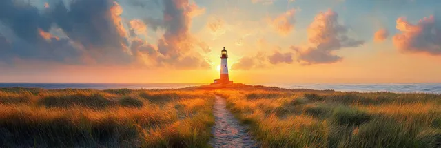 A lighthouse stands at sunset with a path and grassy meadow leading toward the North Sea horizon.