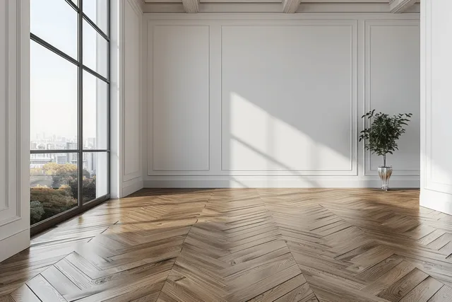 Sunlit empty room with herringbone parquet floor, white walls, and a tall window showing a city view.