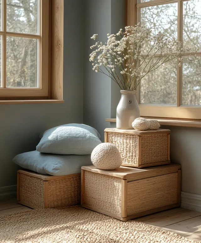 Sunlit Scandinavian room corner with stacked wooden toy boxes, a pillow, and a vase of dried flowers by tall windows.