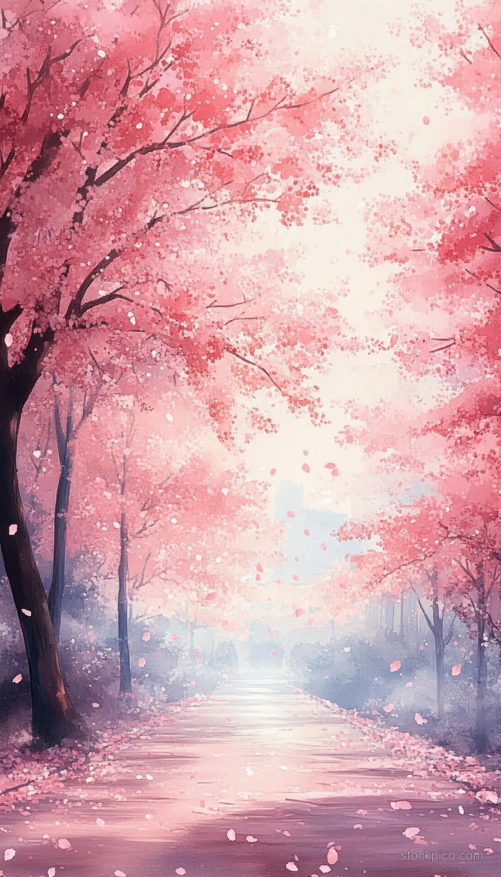 Watercolor painting of a cherry blossom tree-lined park path with pink petals floating in soft light.