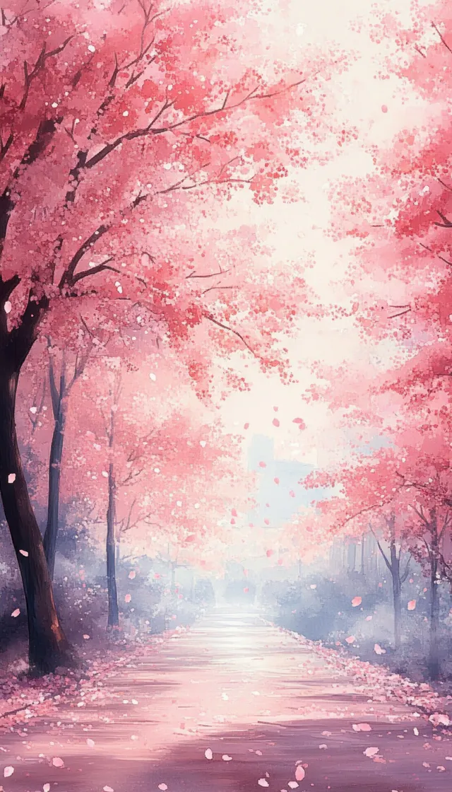 Watercolor cherry blossom avenue with blooming trees lining a quiet park path