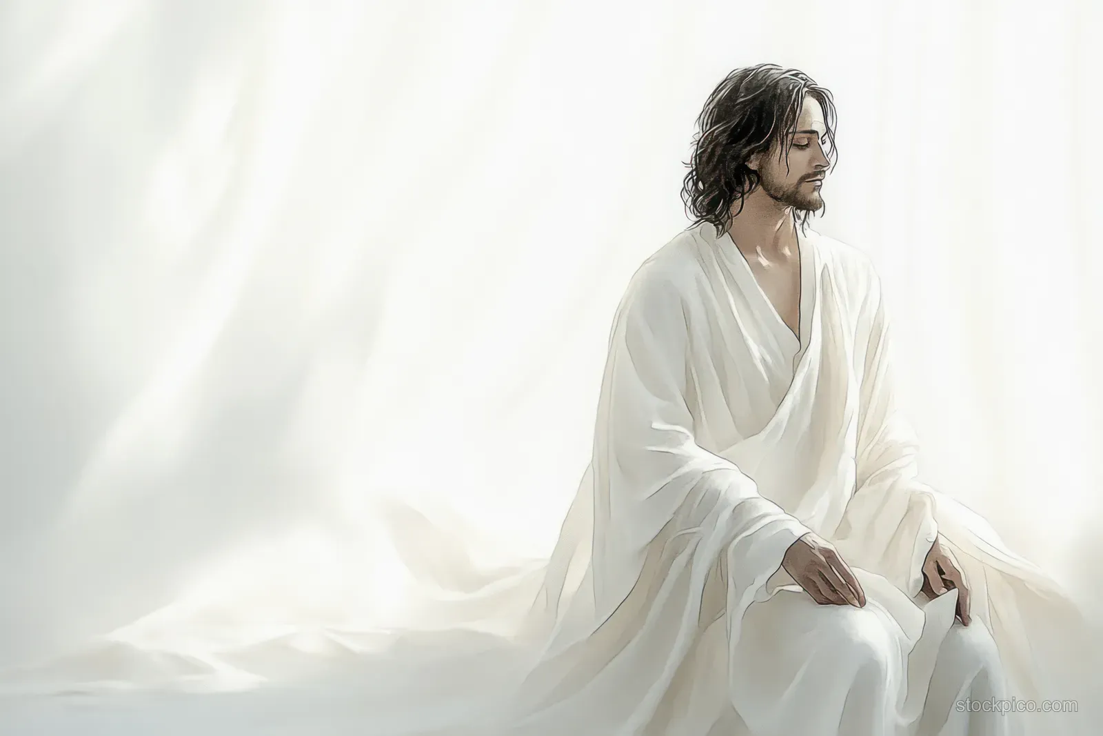 Watercolor portrait of Jesus Christ seated calmly in flowing robes on a minimalist white background.
