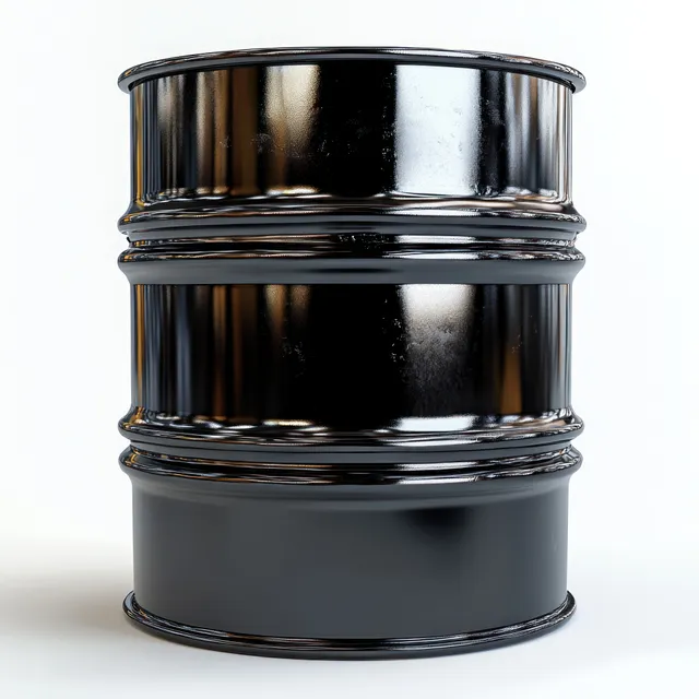 Black oil drum with glossy metal rings centered on clean white background