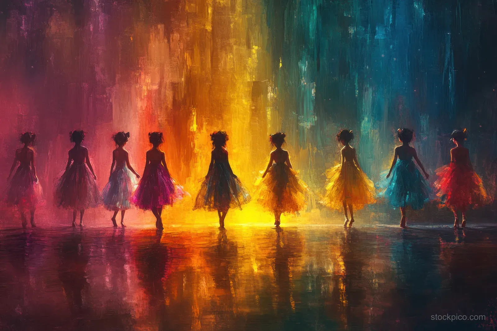 Children in bright fairy-tale costumes bow on a school stage under colorful spotlights.