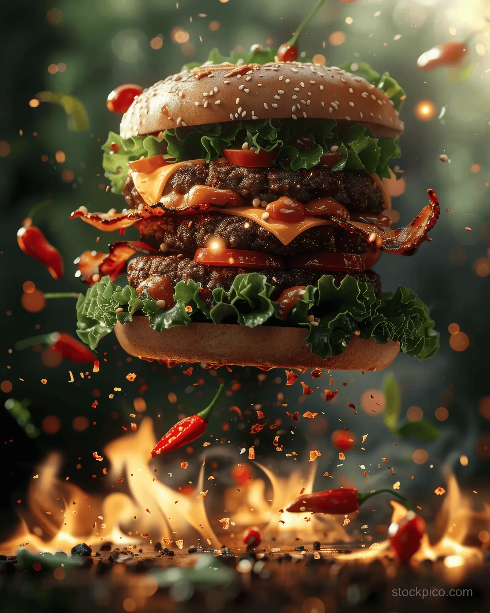 A floating burger with melted cheese and chili peppers above flames, sparks, and drifting chili pieces.