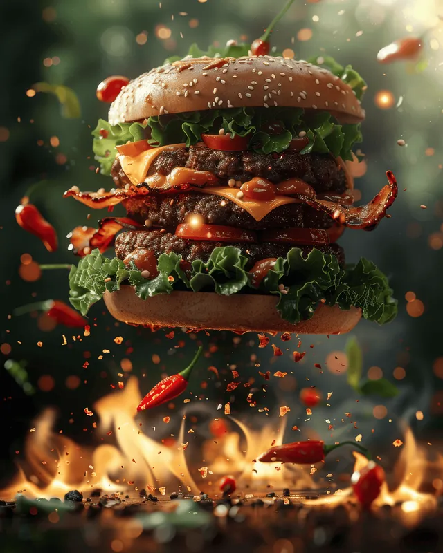 A floating burger with melted cheese and chili peppers above flames, sparks, and drifting chili pieces.