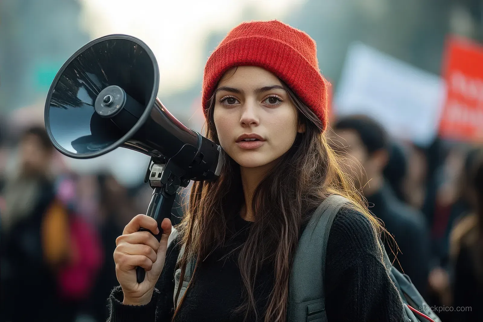 Young woman in a red beanie holds a megaphone while standing in front of a blurred protest crowd.
