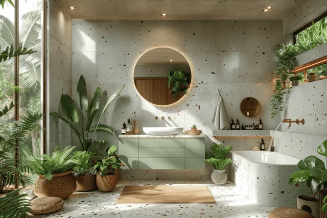 Tropical modern bathroom with terrazzo walls, green floating vanity, white bathtub, circular backlit mirror, and lush potted plants.