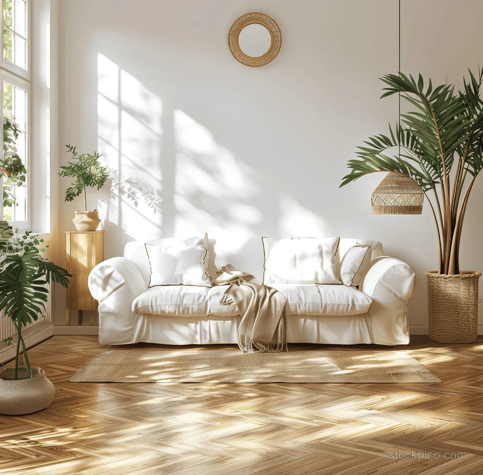 White sofa with cushions sits in a sunlit coastal living room beside potted plants on a light wooden parquet floor.