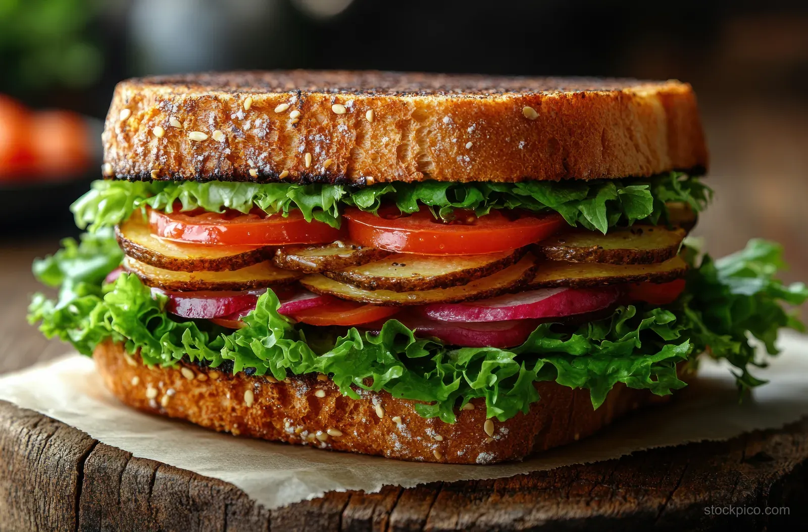 Rustic vegan sandwich with lettuce, tomato, and creamy cheese stacked on a wooden board.