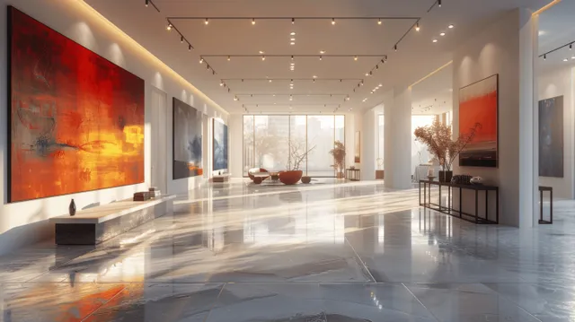 Minimalist gallery corridor with abstract paintings on white walls and a sculpture pedestal under warm spotlights.
