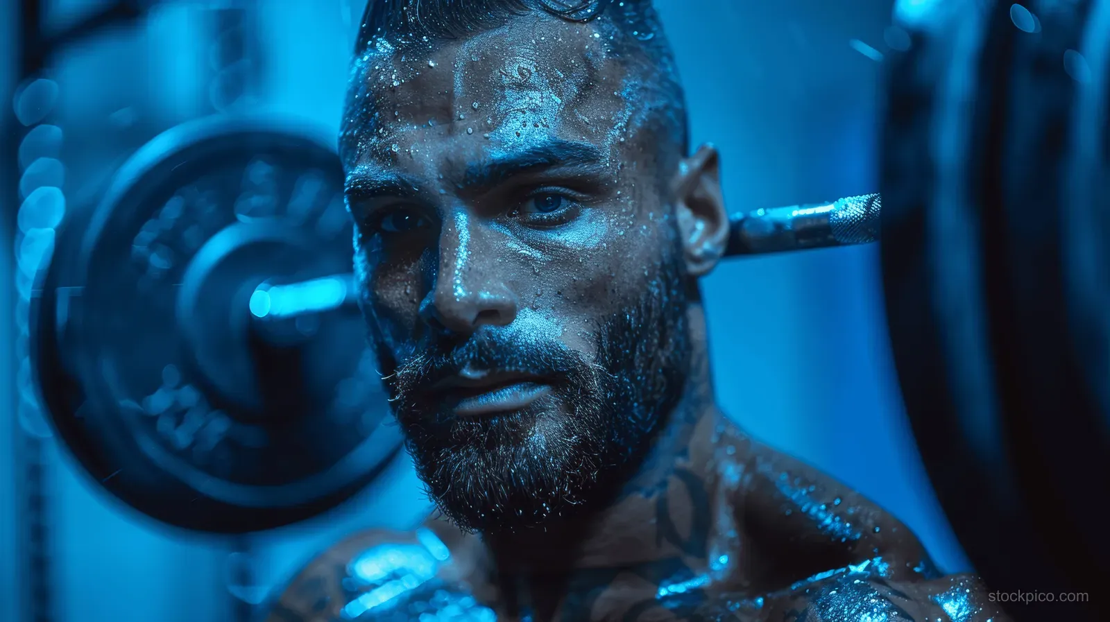 Muscular man grips a barbell and performs a snatch in a blue-lit gym with weight plates behind him.