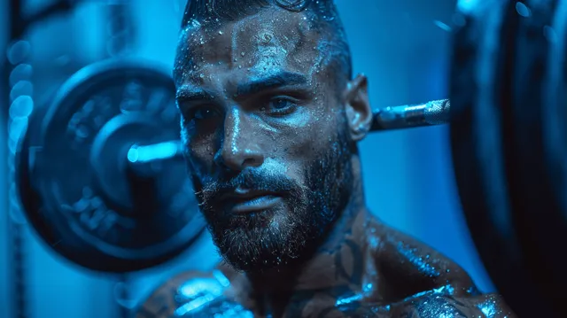 Muscular weightlifter hoisting barbell during a snatch in blue-lit gym, intense gaze