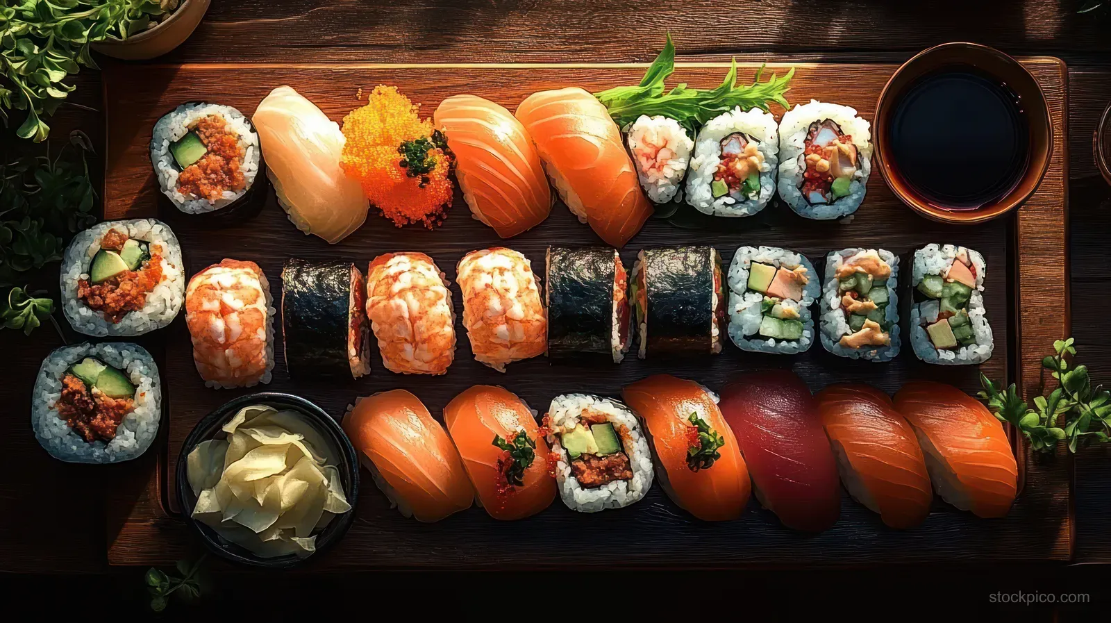 Assorted sushi nigiri and maki rolls with shrimp and fish roe on a wooden board beside pickled ginger and soy sauce.